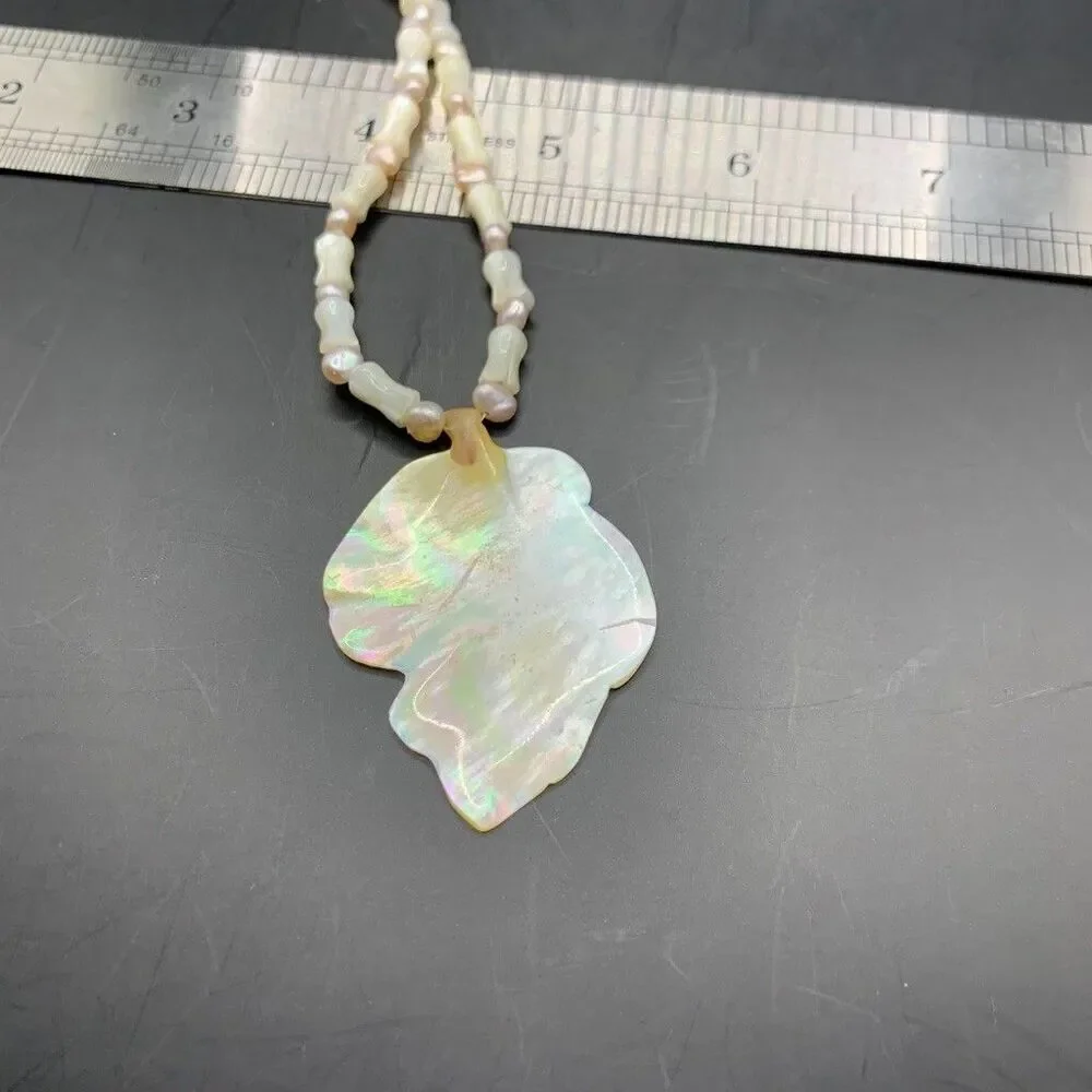 Vintage Artisan Mother of Pearl Leaf Necklace Beaded Toggle Clasp Retro
